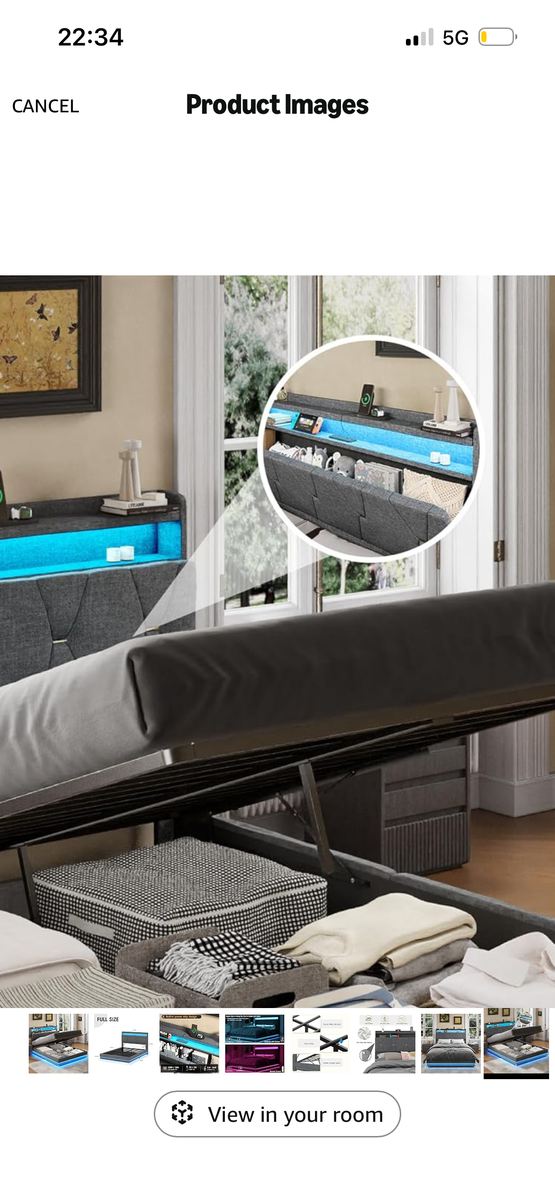 Full Size Upholstered Storage Bed Frame with LED Lights and Hydraulic Lift