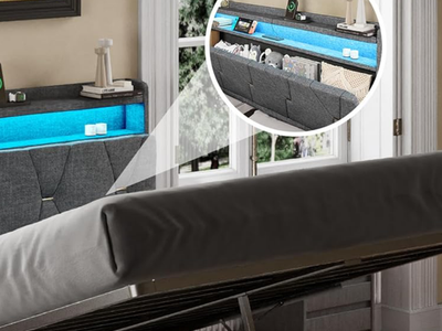 Full Size Upholstered Storage Bed Frame with LED Lights and Hydraulic Lift