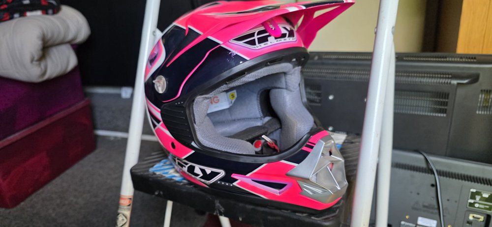 Fly Racing Youth Pink/Black Motocross Helmet & Zeus Red Open Face Helmet Size S