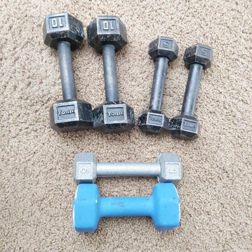 Assorted Hex Dumbbells Set - York and Embark (Weights: three 5lb, two 10lb., one 8lb.)