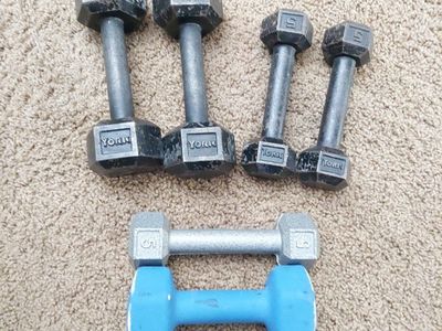 Assorted Hex Dumbbells Set - York and Embark (Weights: three 5lb, two 10lb., one 8lb.)