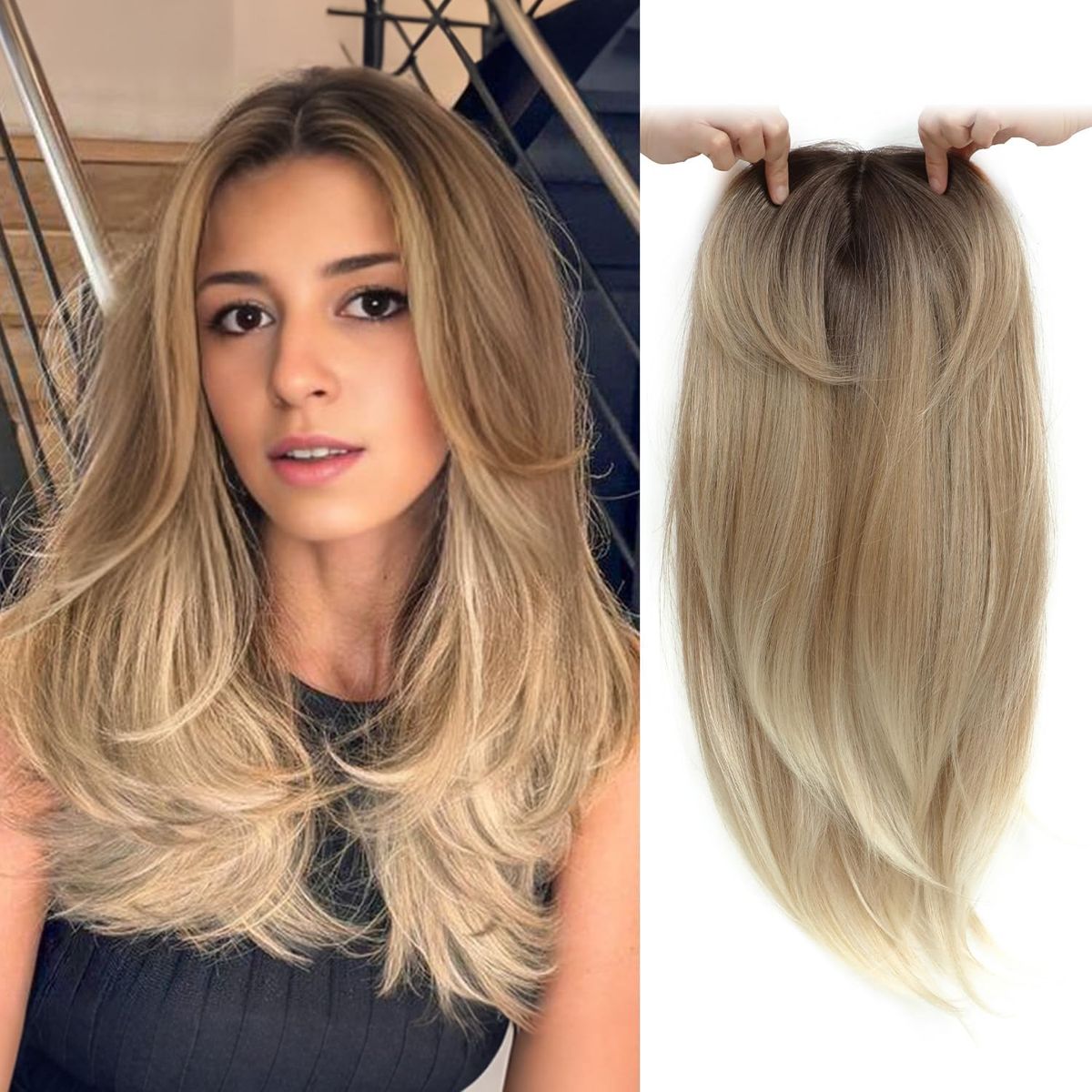 Ms Taj Hair Topper 18 Inch for Women With Thinning Hair - Long Layered 6.5"X6.5" Synthetic Hair Pieces, Fiber Wiglets for Ladies