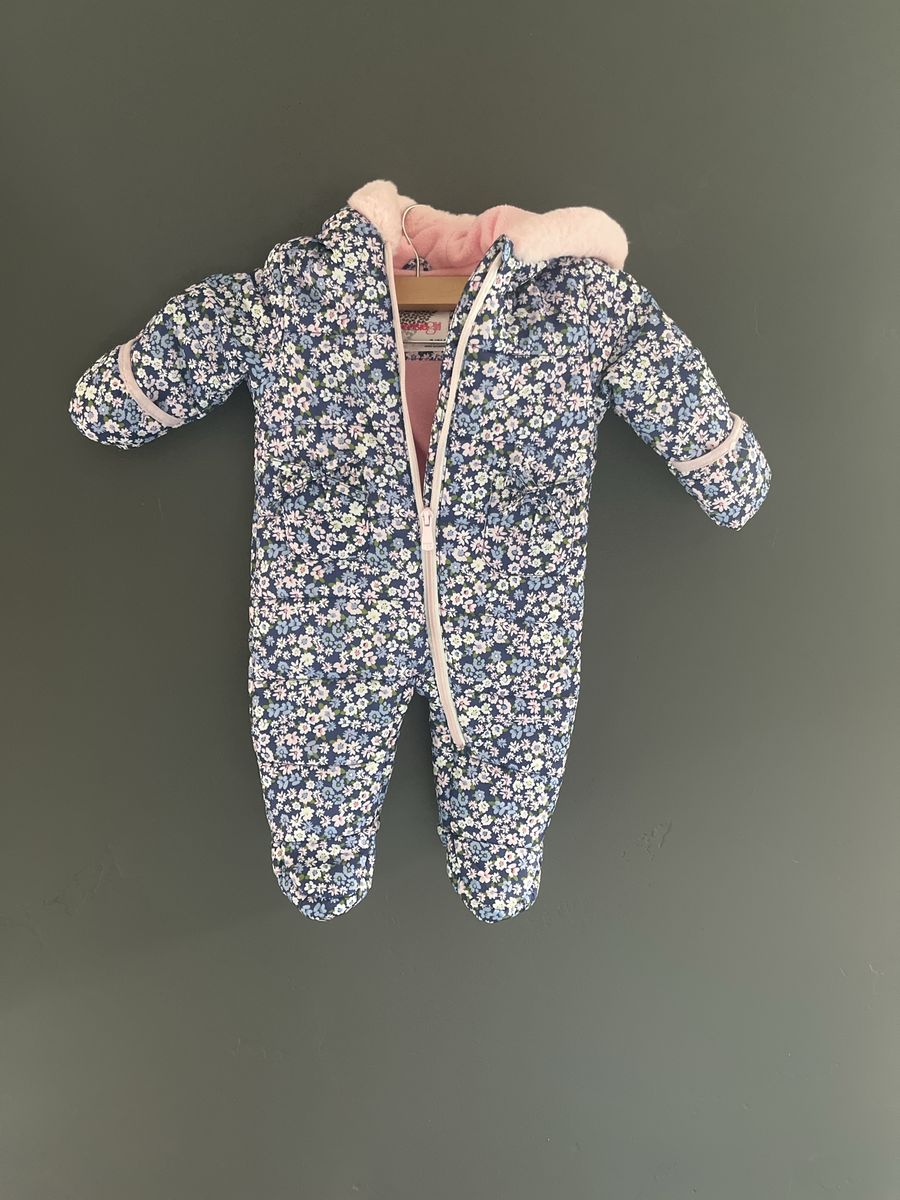 Cute Floral Baby Snowsuit 3-6 Months Pink Faux Fur Hooded One-Piece