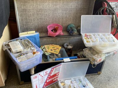 Vintage Trunk full of Craft Supplies and Jewelry Making Beads & Findings - Hobby Organizer Boxes Included