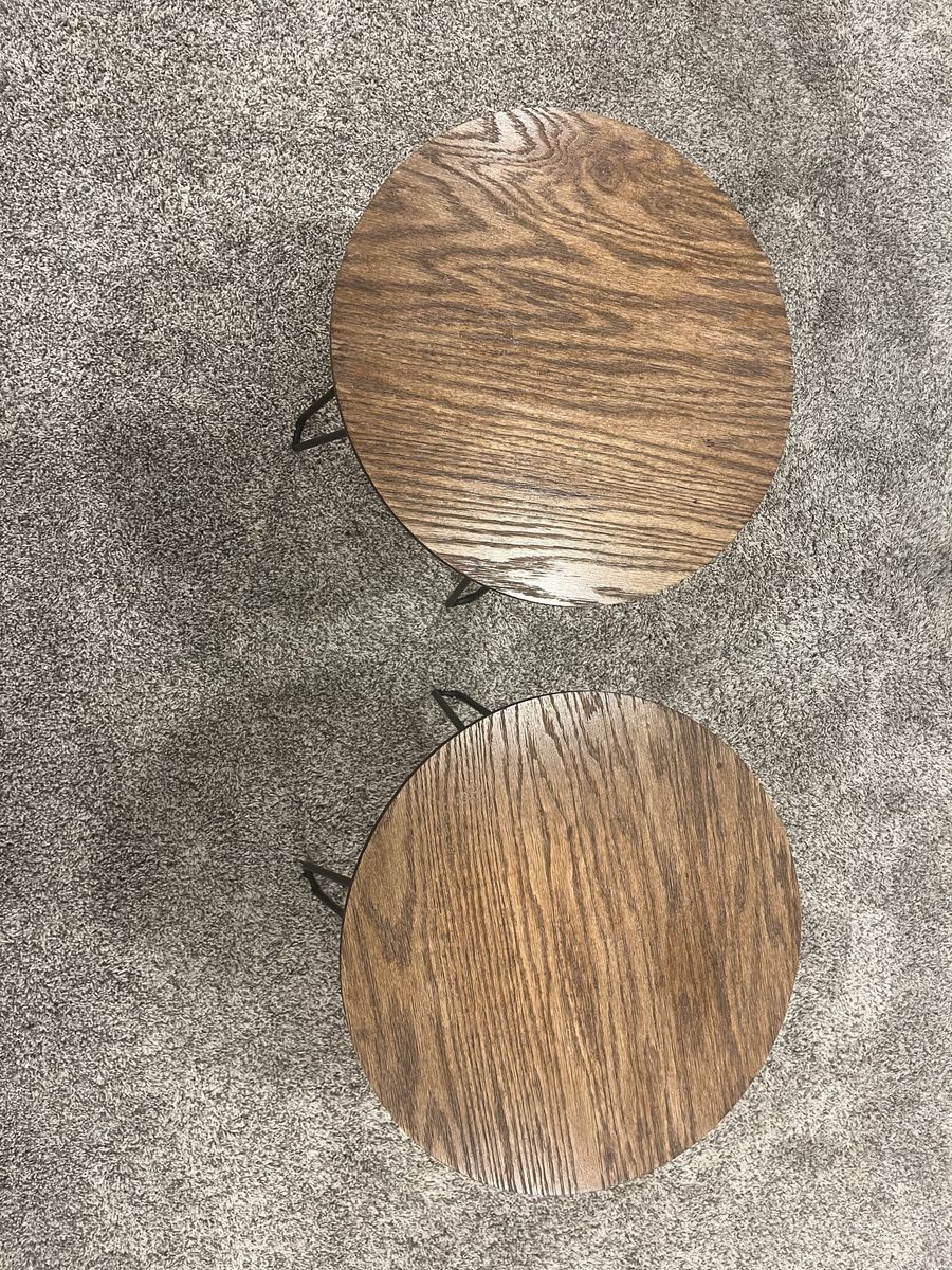 Circular wooden and metal side tables