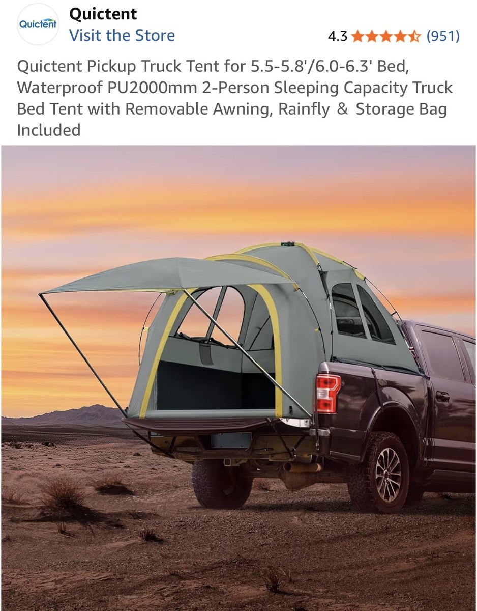 Quictent Pickup Truck Tent for 5.5-5.8'/6.0-6.3' Bed, Waterproof PU2000mm 2-Person Sleeping Capacity Truck Tent