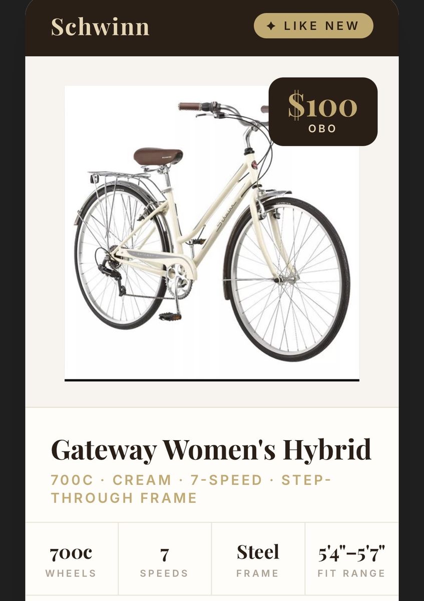 Schwinn Bike Bicycle- Gateway Women's Hybrid Bike 700c, 7-Speed, Steel Frame, Cream - Like New