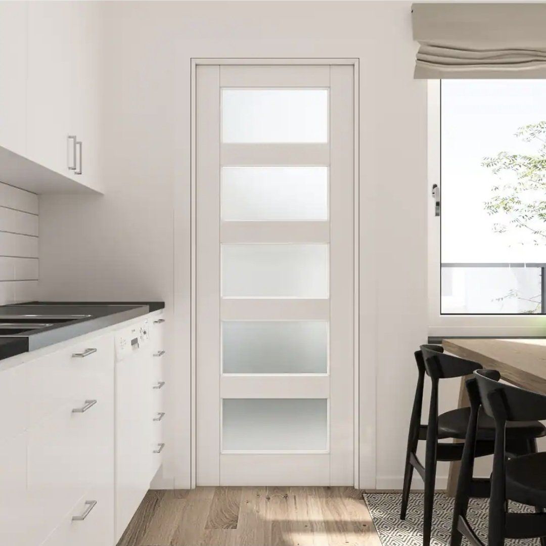 30 in. x 80 in. Solid Core 5-Lite Tempered Frosted Glass White Primed MDF Interior Door Slab