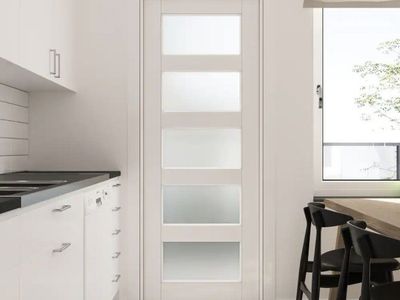 30 in. x 80 in. Solid Core 5-Lite Tempered Frosted Glass White Primed MDF Interior Door Slab