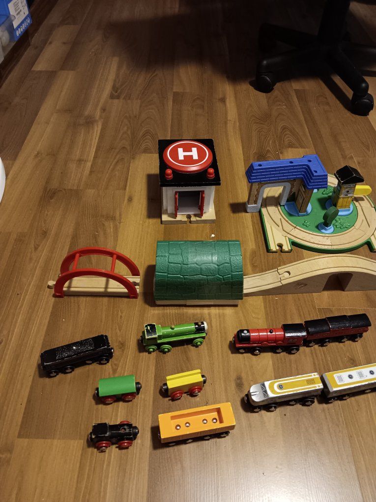 Wooden Train Track Set with Hospital,  Tunnel, and Trains