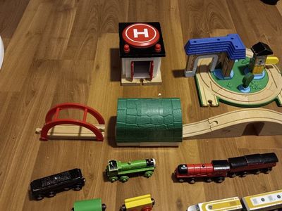 Wooden Train Track Set with Hospital, Tunnel, and Trains