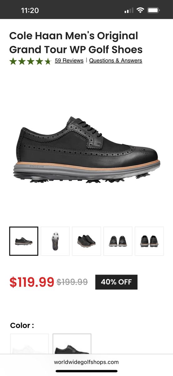 Cole Haan Men's Original Grand Tour WP Golf Shoes Size 7-1/2 Wide - Black, Waterproof, Spiked Sole