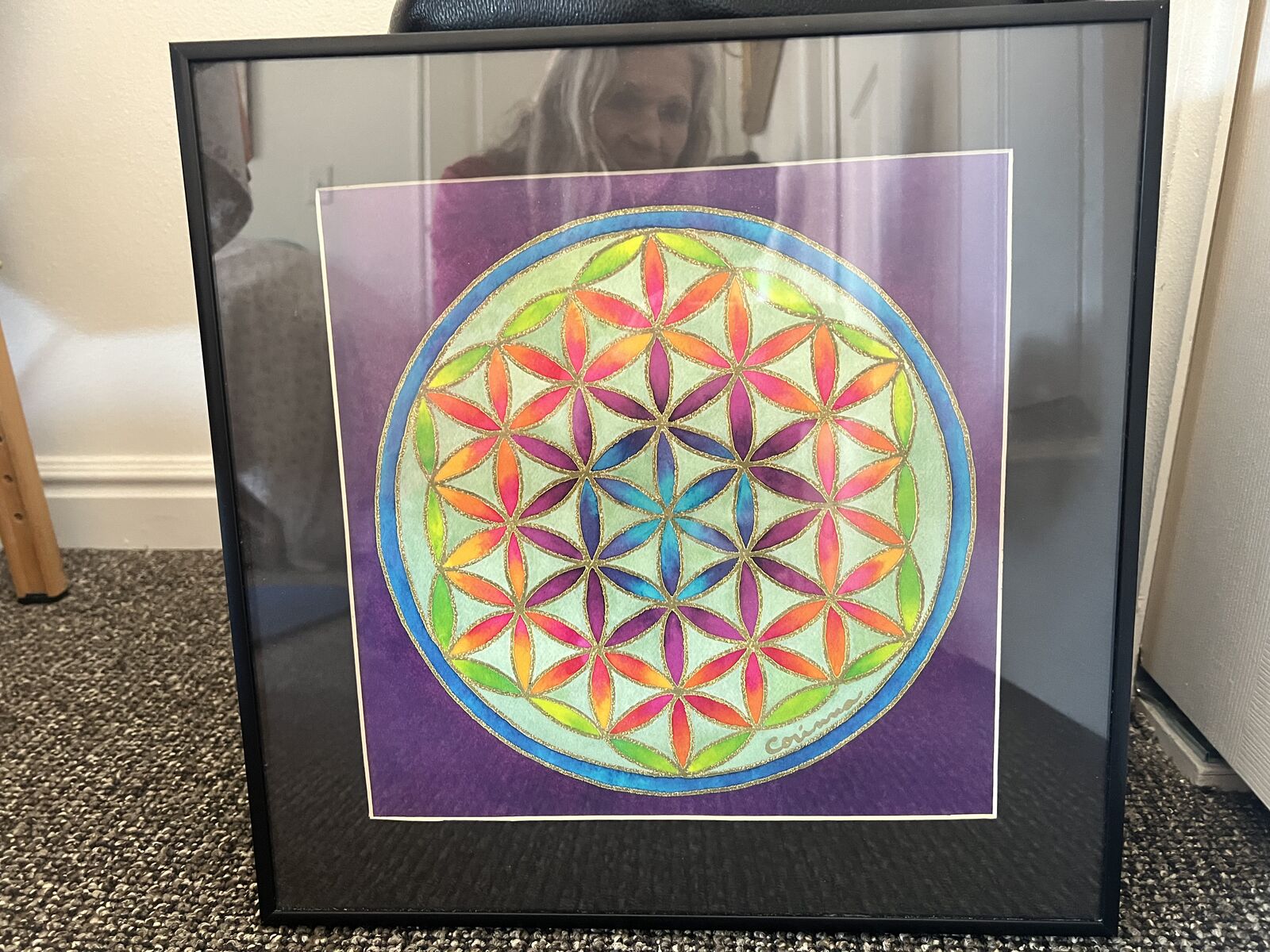 Sacred Geometry art by Corinna chakra color artwork rainbow colors with frame measures 14 3/4" x 14 3/4"