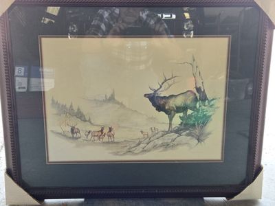 Framed Elk Wildlife Art Print with Dark Wood Rope Design Frame