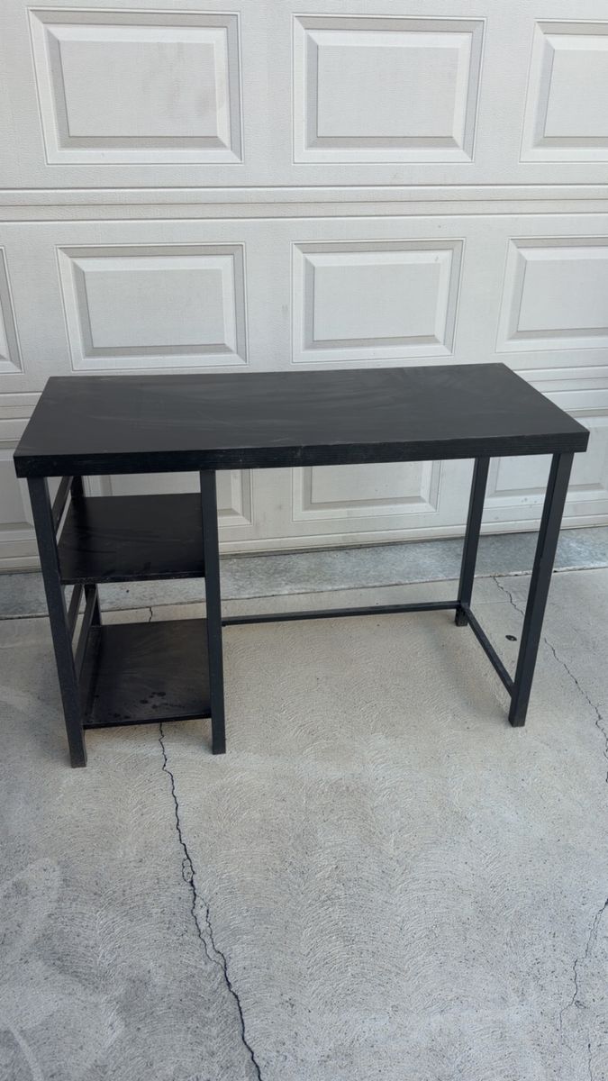 Black Modern Computer Desk with Attached Storage Shelves 