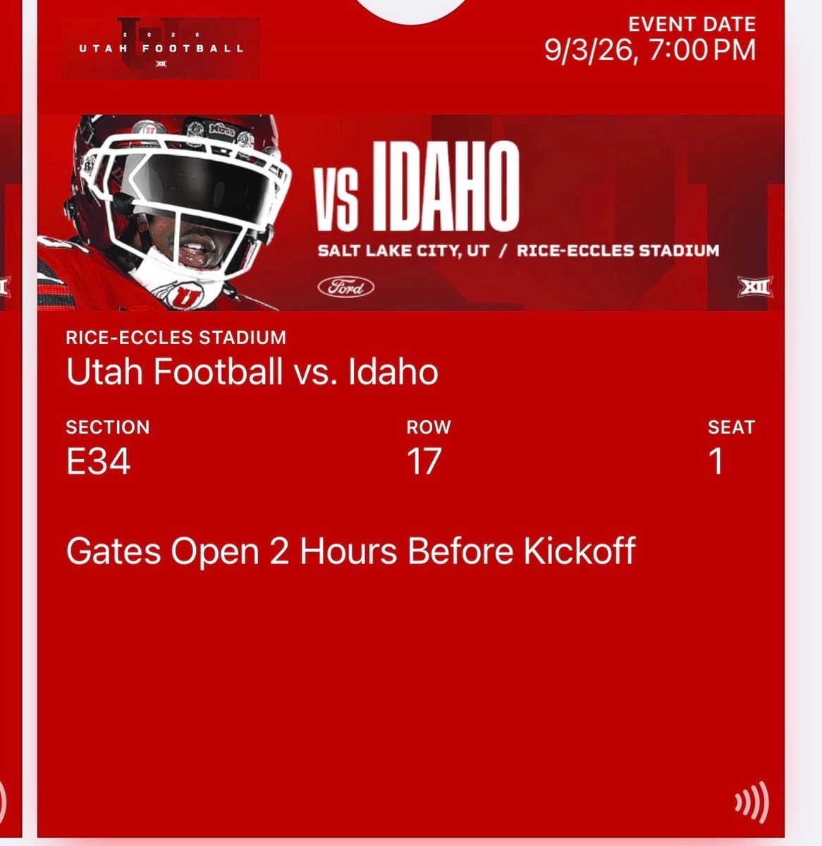 Utah Football vs Idaho Tickets - Sept 3, 2026 (Sec E34, Row 17)