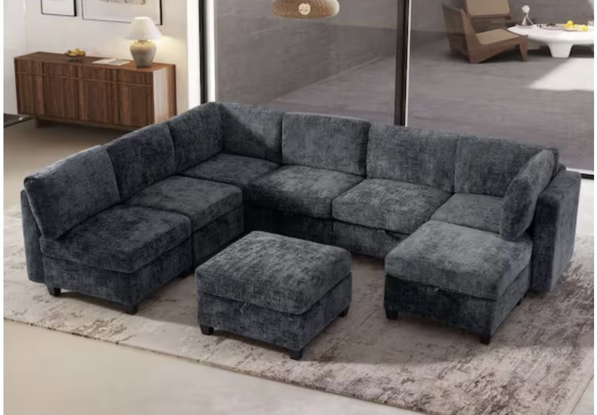 Noble House Claire 128 in. Square Arm 8-Piece Chenille Modular Convertible Sectional Sofa in. Dark Gray with Storage