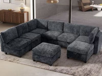 Noble House Claire 128 in. Square Arm 8-Piece Chenille Modular Convertible Sectional Sofa in. Dark Gray with Storage