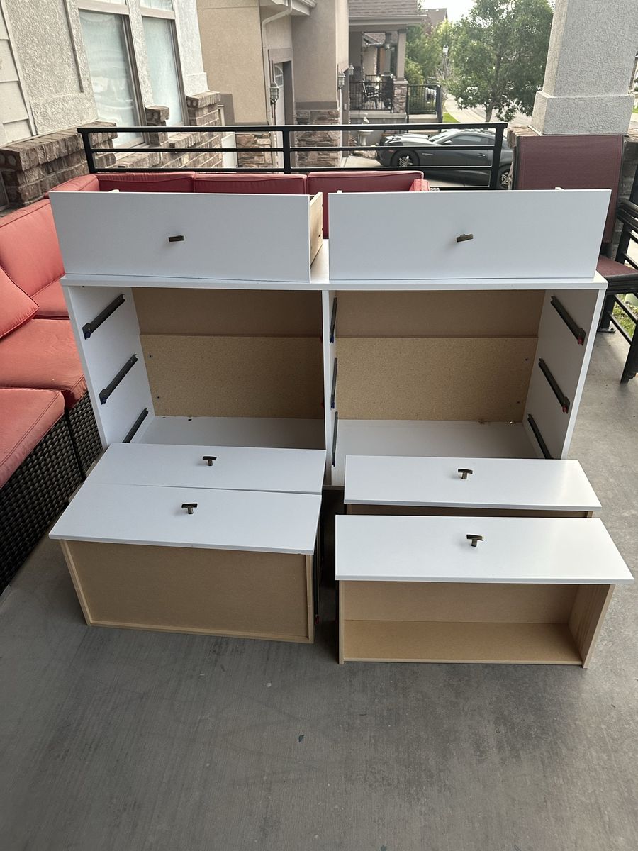 White Double Dresser with Six Drawers and Metal Pulls Used