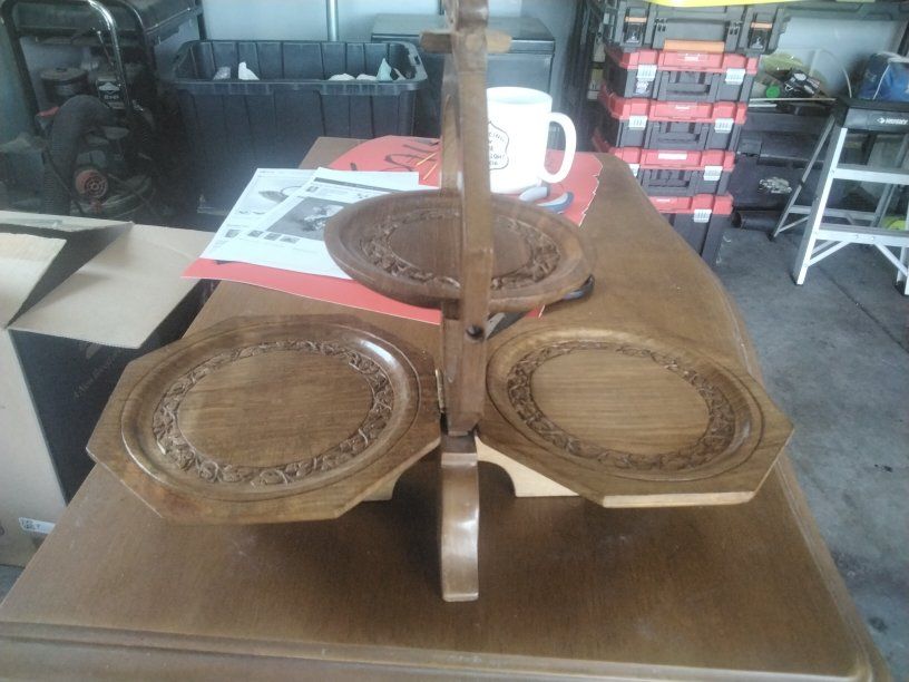 Vtg Hand Carved Wooden Footed Folding Two Tier Serving Tray Rustic Decor