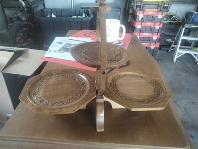Vtg Hand Carved Wooden Footed Folding Two Tier Serving Tray Rustic Decor