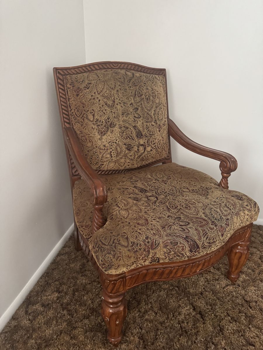 Vintage Upholstered Accent Armchair with Carved Wood Frame