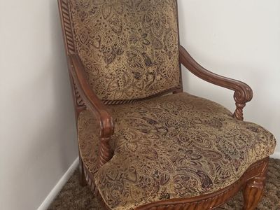 Vintage Upholstered Accent Armchair with Carved Wood Frame