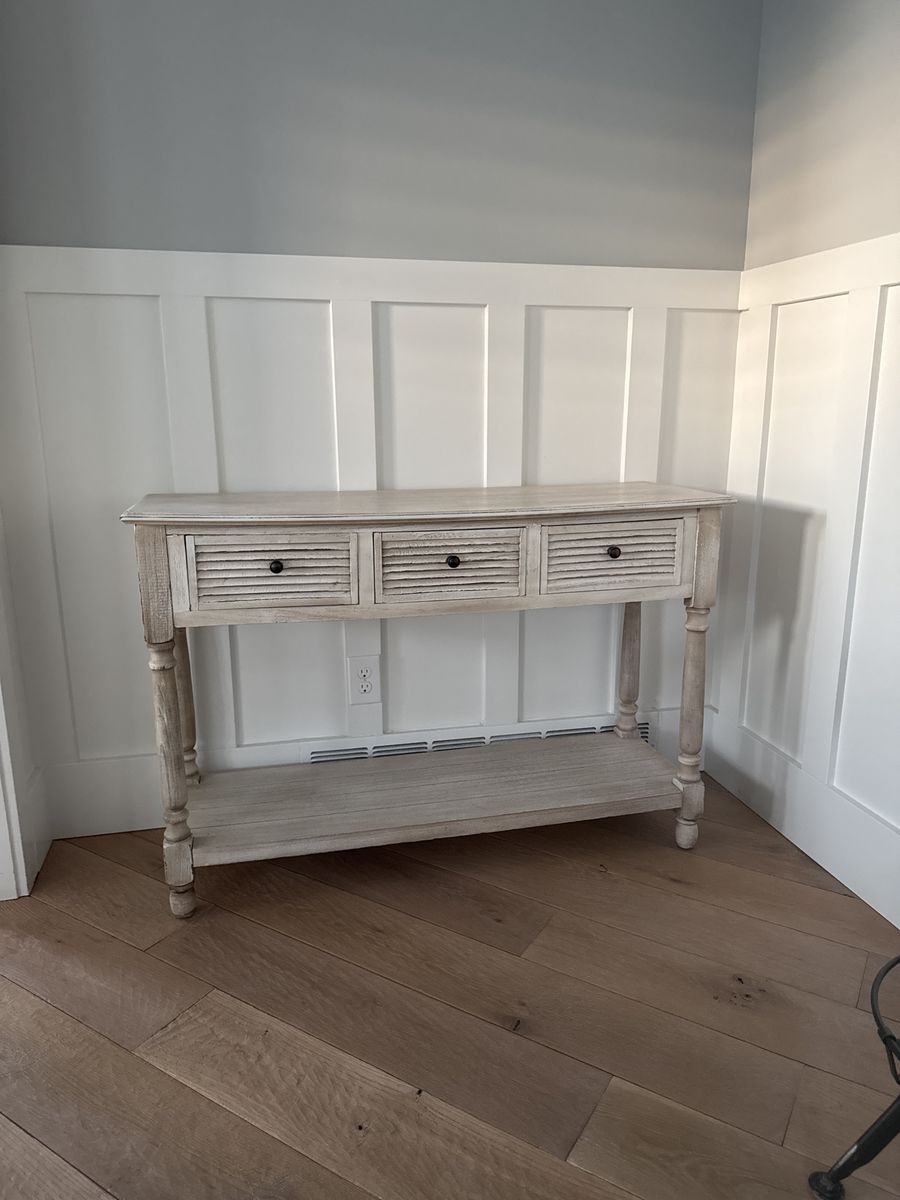 Distressed White Wood Console Table with 3 Drawers and Shelf