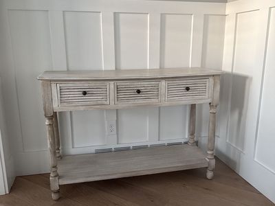 Distressed White Wood Console Table with 3 Drawers and Shelf