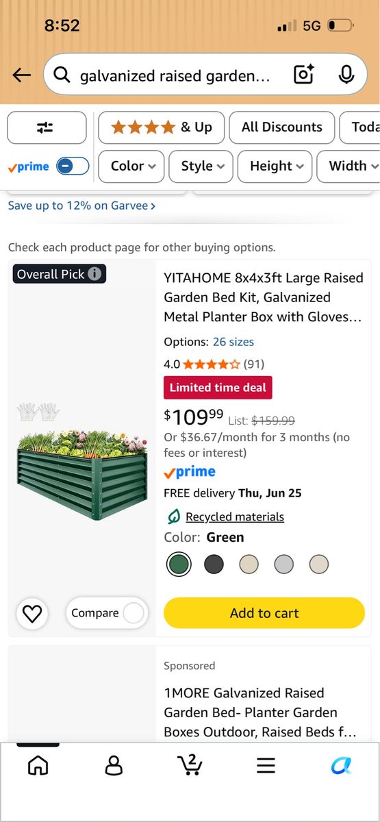 8x4x3 Green galvanized steel raised garden bed