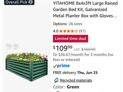 8x4x3 Green galvanized steel raised garden bed
