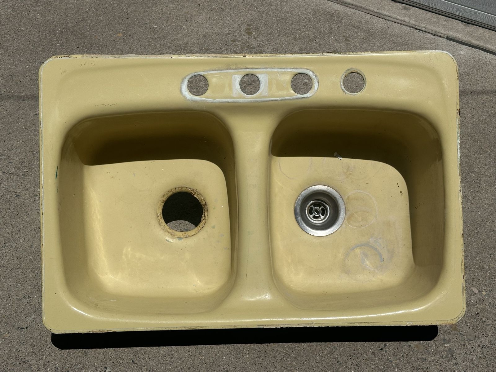 Vintage Double Basin Kitchen Sink - Yellow Drop-in Style with Faucet Holes