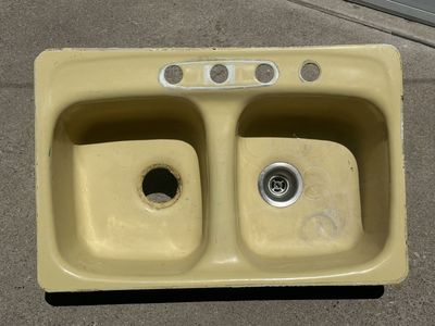 Vintage Double Basin Kitchen Sink - Yellow Drop-in Style with Faucet Holes