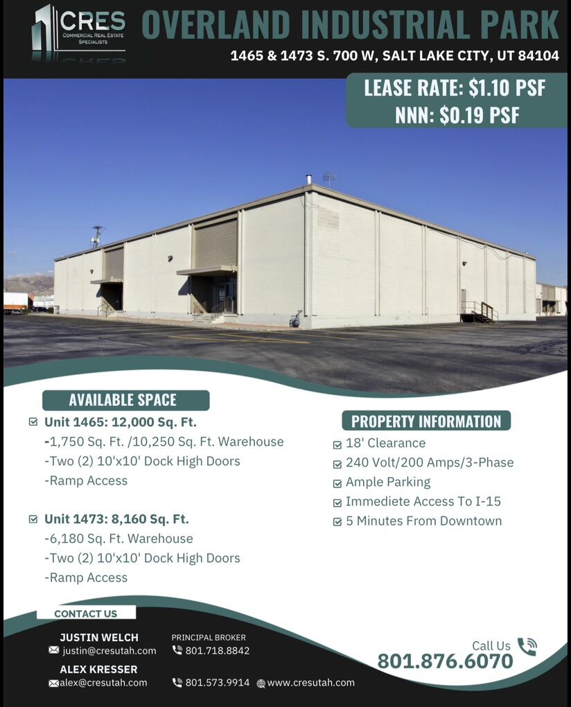 8,160-20,160 sF Warehouse For Lease- SLC