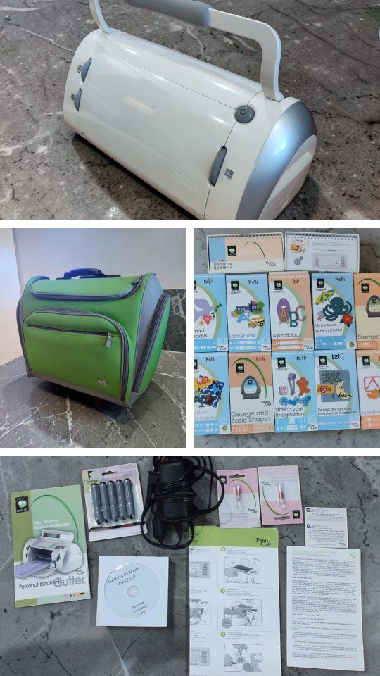 Cricut & Rolling Case + 12 Cartridges & Supplies