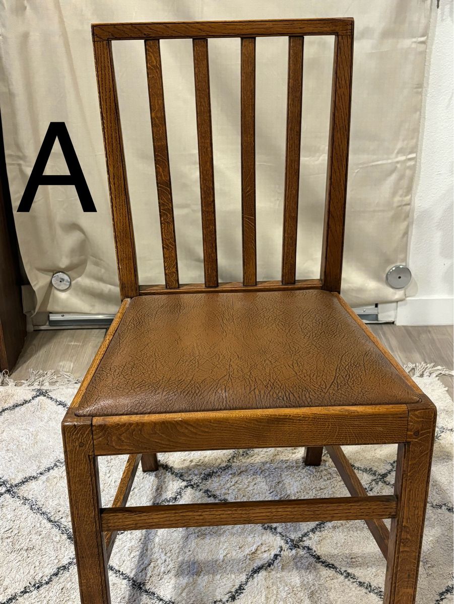 Vintage Solid Wood Dining Chair with Brown Upholstered Seat - Arts & Crafts Style. Selling as set of three.