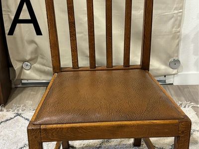 Vintage Solid Wood Dining Chair with Brown Upholstered Seat - Arts & Crafts Style. Selling as set of three.