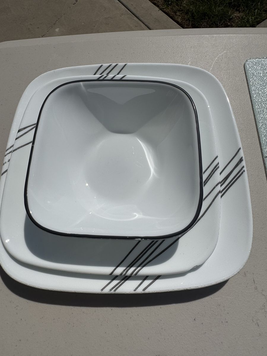 Corelle Square Dinnerware Set White with Black Lines Patterns