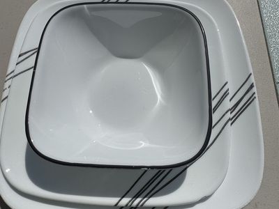 Corelle Square Dinnerware Set White with Black Lines Patterns
