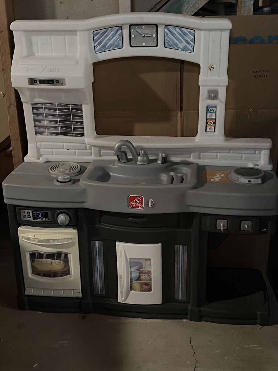 Step2 Fun With Friends Kids Kitchen Play Set - Gray & White, Realistic Sounds & Accessories