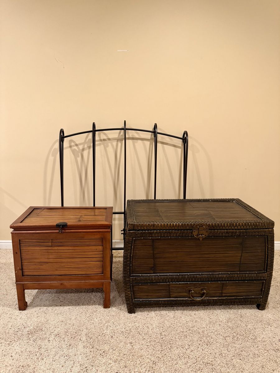 Pier 1 Style Twin Bedroom Set: Black Iron Headboard, Woven Rattan Trunk & Secretary Nightstand