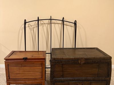 Pier 1 Style Twin Bedroom Set: Black Iron Headboard, Woven Rattan Trunk & Secretary Nightstand