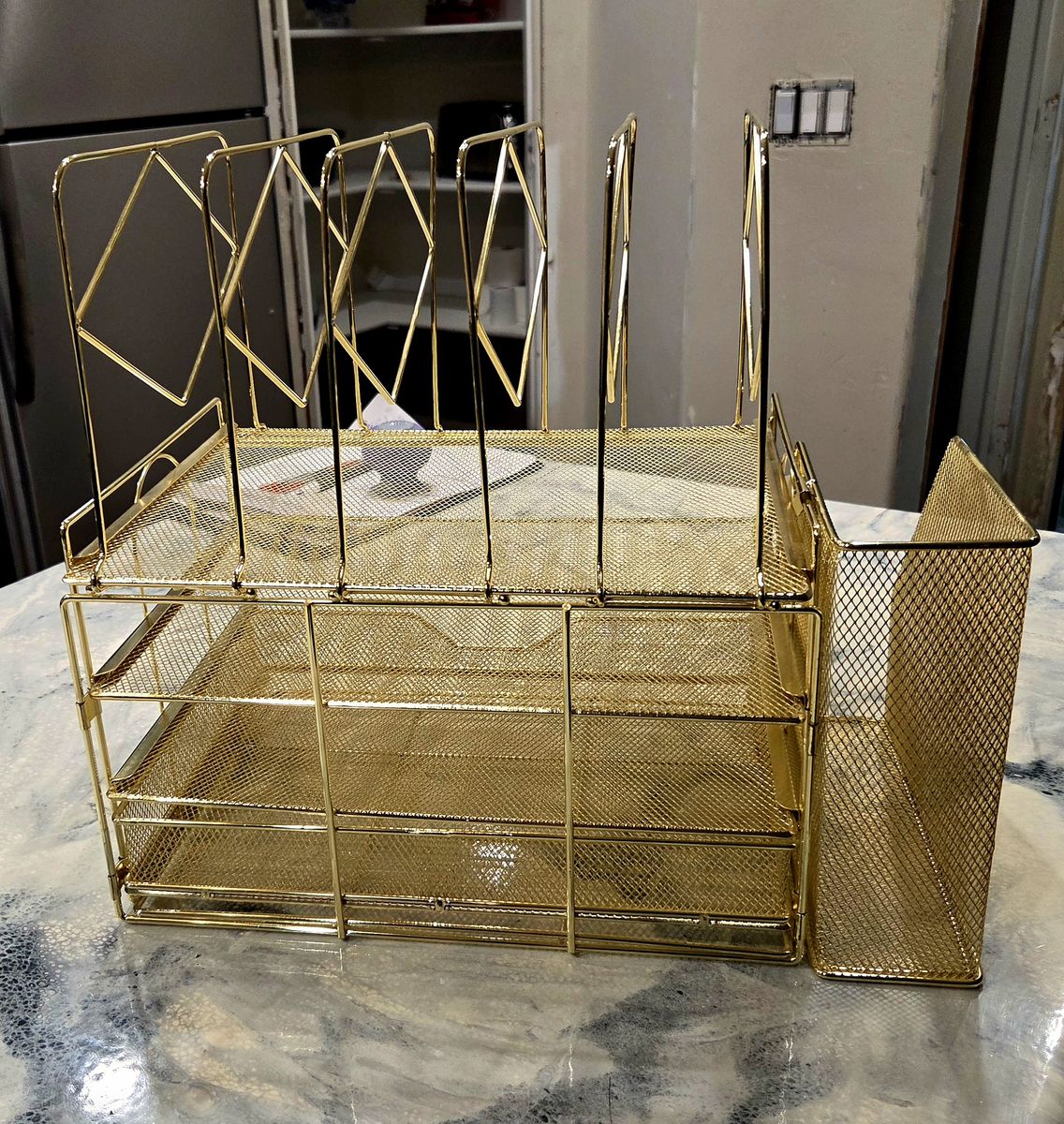 Chic Gold Mesh Desk Organizer with Drawer and File Sorter