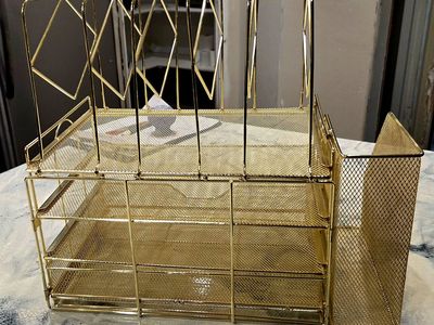 Chic Gold Mesh Desk Organizer with Drawer and File Sorter