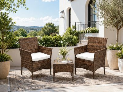 3-PIECE OUTDOOR WICKER PATIO SET – 2 CHAIRS & COFFEE TABLE.