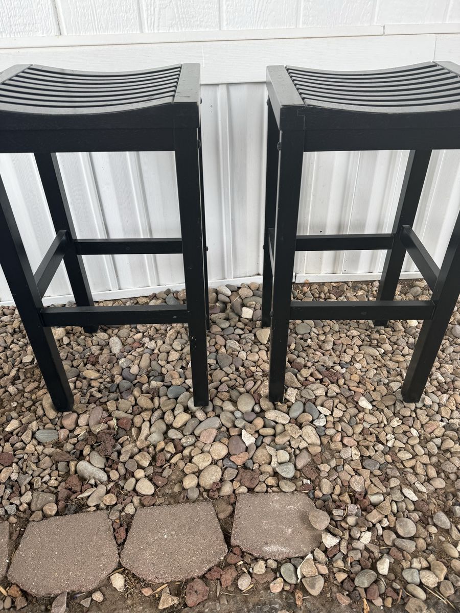 Pair of Black Wooden Slatted Bar Stools