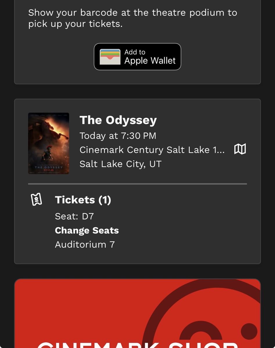The Odyssey Movie Ticket - 1 Seat, Today 7:30 PM, Cinemark Century 16 middle row
