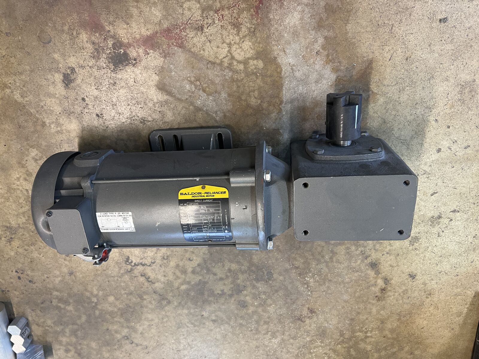 Baldor-Reliance CDP3445 direct-current industrial motor & Baldor worm gear speed reducer, model GF1521AG