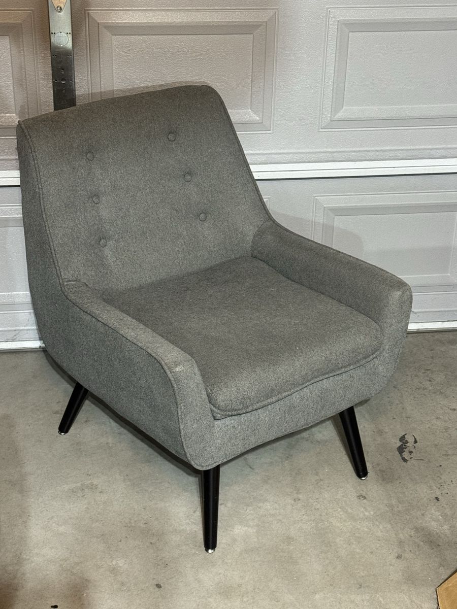 Pair of Mid-Century Modern Gray Upholstered Armchairs with Tufted Back