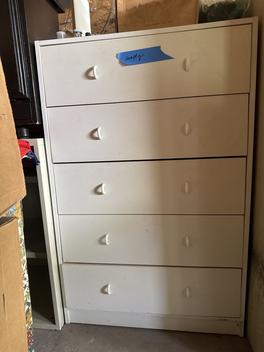 White 5-Drawer Dresser Chest with Dual White Pulls 30 wide 16” deep 46” high